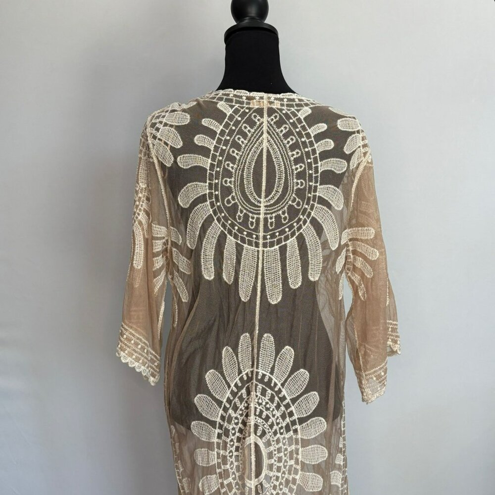 Beige Sheer Lace Duster With Intricate Embroidery Open Front Kimono Style Cover - Picture 3 of 7